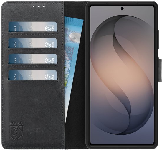 Étui Rosso Deluxe en Cuir Véritable Adapté pour Samsung Galaxy S26 Ultra | Espace pour trois cartes | Étui portefeuille | Avec porte-cartes | Noir