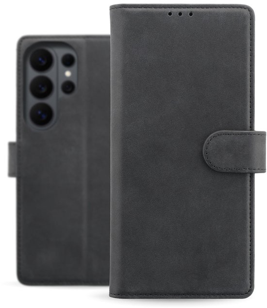 Zwart suède telefoonhoesje, met de achterkant zichtbaar met de cameralens uitsparing.