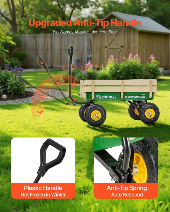 VEVOR Kinderhandkar, 102 CM, Transportkar met Duwstang, Gemaakt van Hout en Metaal, Max. 150 KG Draagvermogen, Ideaal voor Kinderen Vanaf 5 Jaar, voor In De Tuin, Uitstapjes en op Het Strand, Groen en Geel van Vevor — afbeelding 4