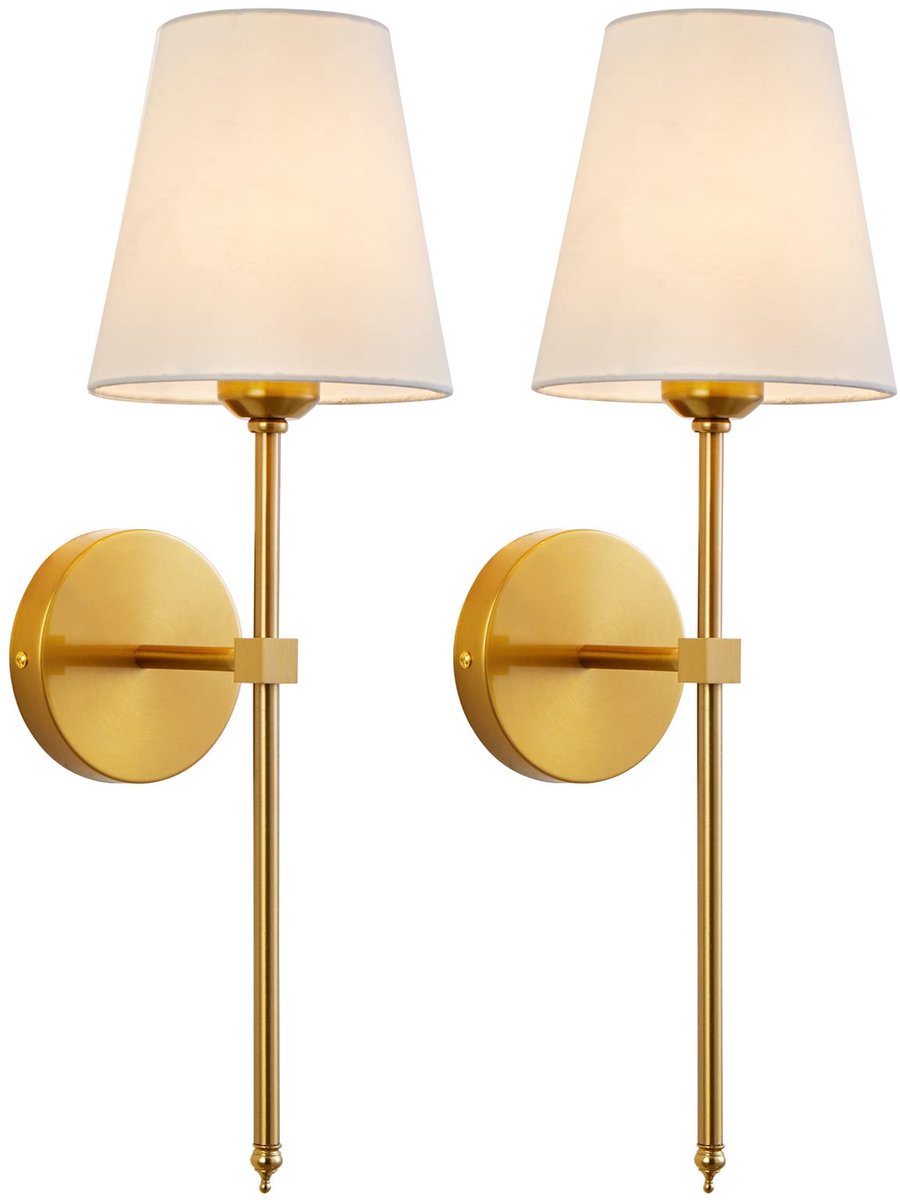 2 Stuks Moderne wandlampen - Wandlamp voor naast het bed in de slaapkamer - Wandverlichting met witte stoffen kap - Geschikt voor slaapkamer, woonkamer, gang en keuken - Goudkleurig