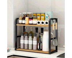 Aanrecht Organizer - Dubbellaags Ontwerp - Metalen Frame - Ruimtebesparend - Waterbestendig Hout - Keuken En Badkamer - Opbergrek - Het Biedt Ruimte aan 20 Soorten Kruiden - Zwart