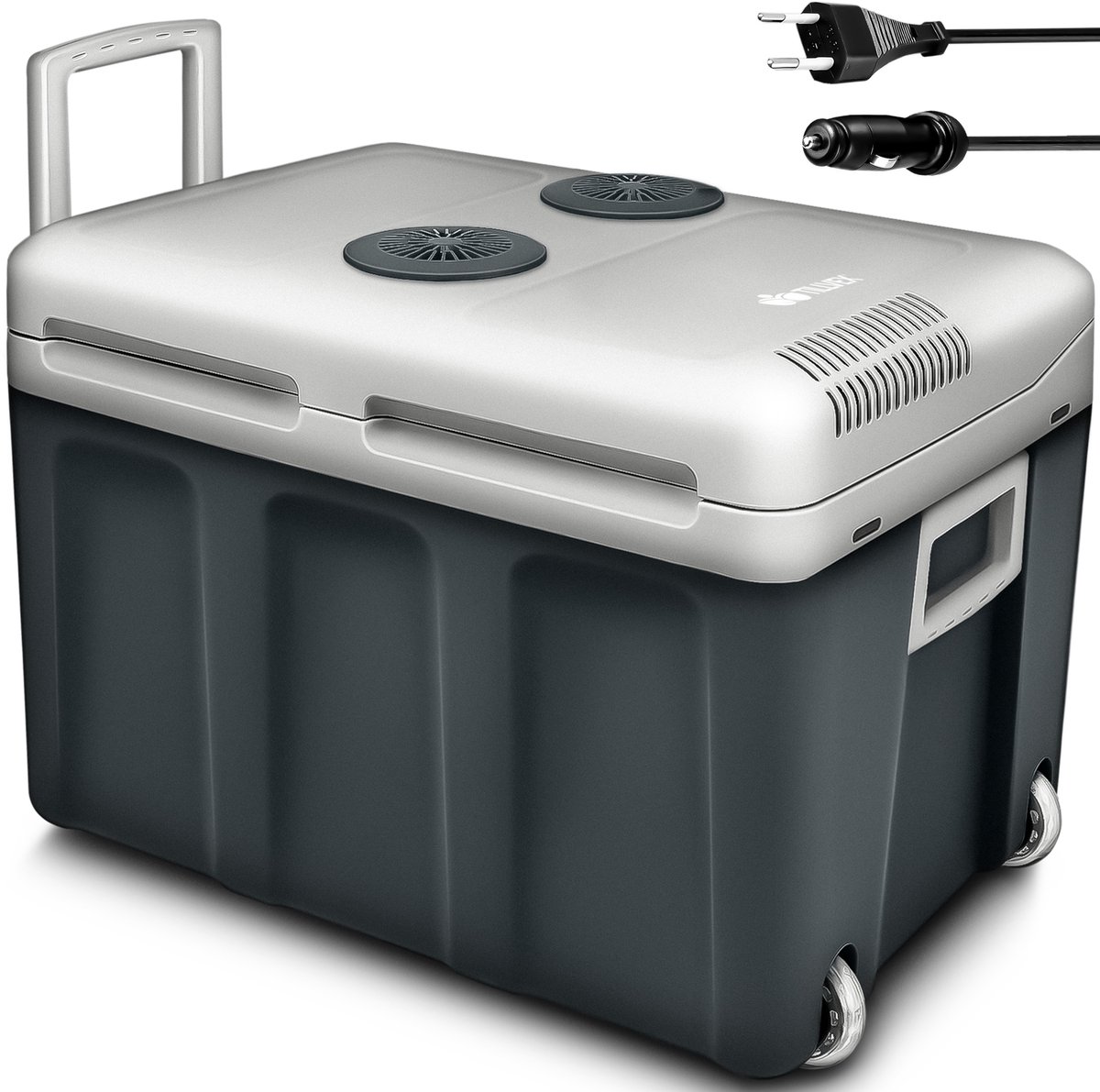 tillvex Koelbox elektrisch 40L met wielen | Mini-koelkast 230 V en 12 V voor auto camping | Koelt & verwarmd | Eco-modus (grijs)