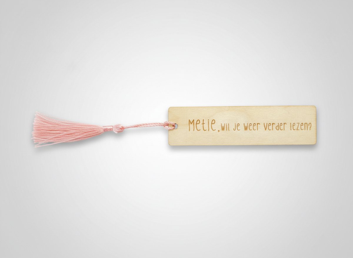 Hip met Pit Creaties Boekenlegger Metie - Houten met flos - 9x3 cm - "Wil je weer verder lezen?" - Cadeau metie