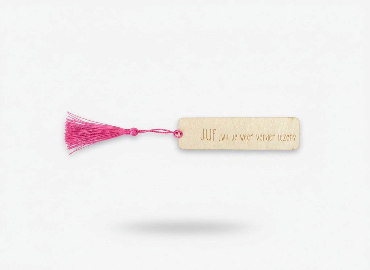 Hip met Pit Creaties Boekenlegger Juf - Houten met flos - 9x3 cm - "Wil je weer verder lezen?" - Cadeau juf