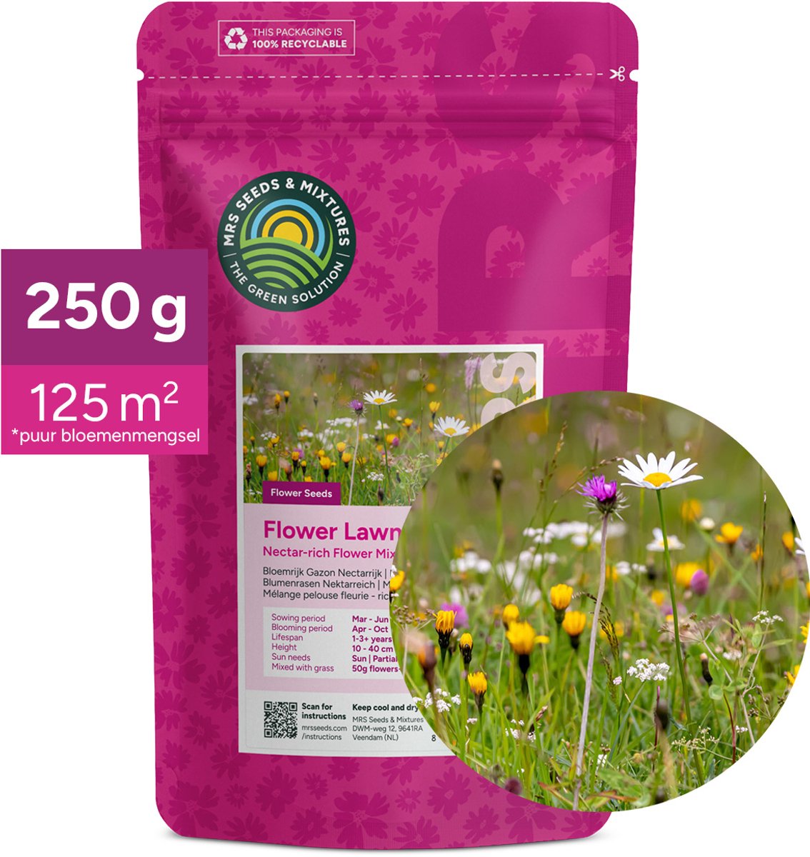 MRS Seeds & Mixtures Type M5 - Bloemrijk Gazon - 250 gram voor 125 m² - 15 inheemse, maaibare bloemen - Nectarrijk - Trekt nuttige insecten aan