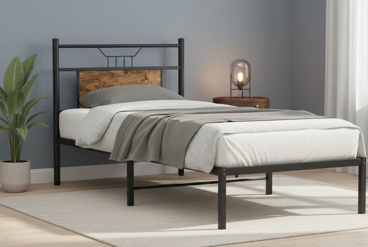 House & Graden Metalen Bedframe met Hoofdbord en Opbergruimte 140x200 – Industrieel Design in Eikenlook House & Graden Zwart met eikenlook