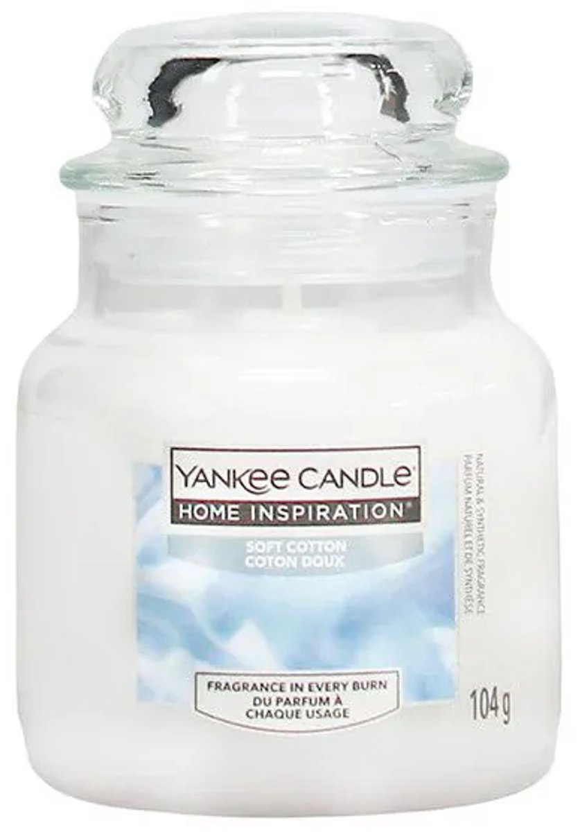 Yankee Candle Home Inspiration Small Jar Geurkaars Soft Cotton | 104 g | Glazen Kaars met Deksel voor Sfeervolle Kamerlucht Wit