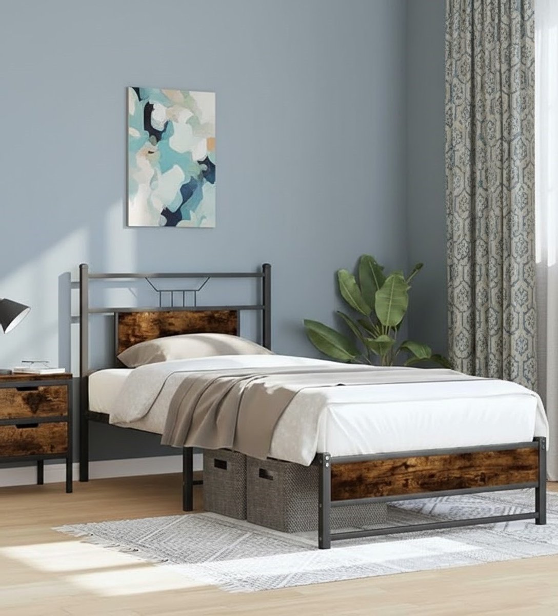 Stalen Bedframe met Hoofdbord en Opbergruimte – 90x190 cm – Robuust, Modern en Duurzaam Bed met Lattenbodem voor Optimaal Slaapcomfort – Ideaal voor Slaapkamer, Jongerenkamer of Studentenwoning House & Garden