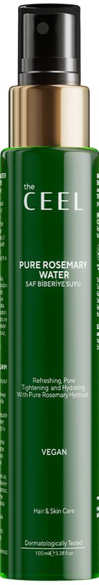 Donkergroene fles met goudkleurige dop, met daarop de tekst "the CEEL PURE ROSEMARY WATER SAF BIBERIYE SUYU".