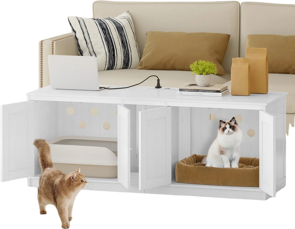 HOB Kattenbak Kast - Dubbele Kattenkast - Kattenhuis - Incl Oplaadstation - Hout - Wit- Verborgen Kattenbak Kattenmeubel - Huisdierkast - Kattenmand
