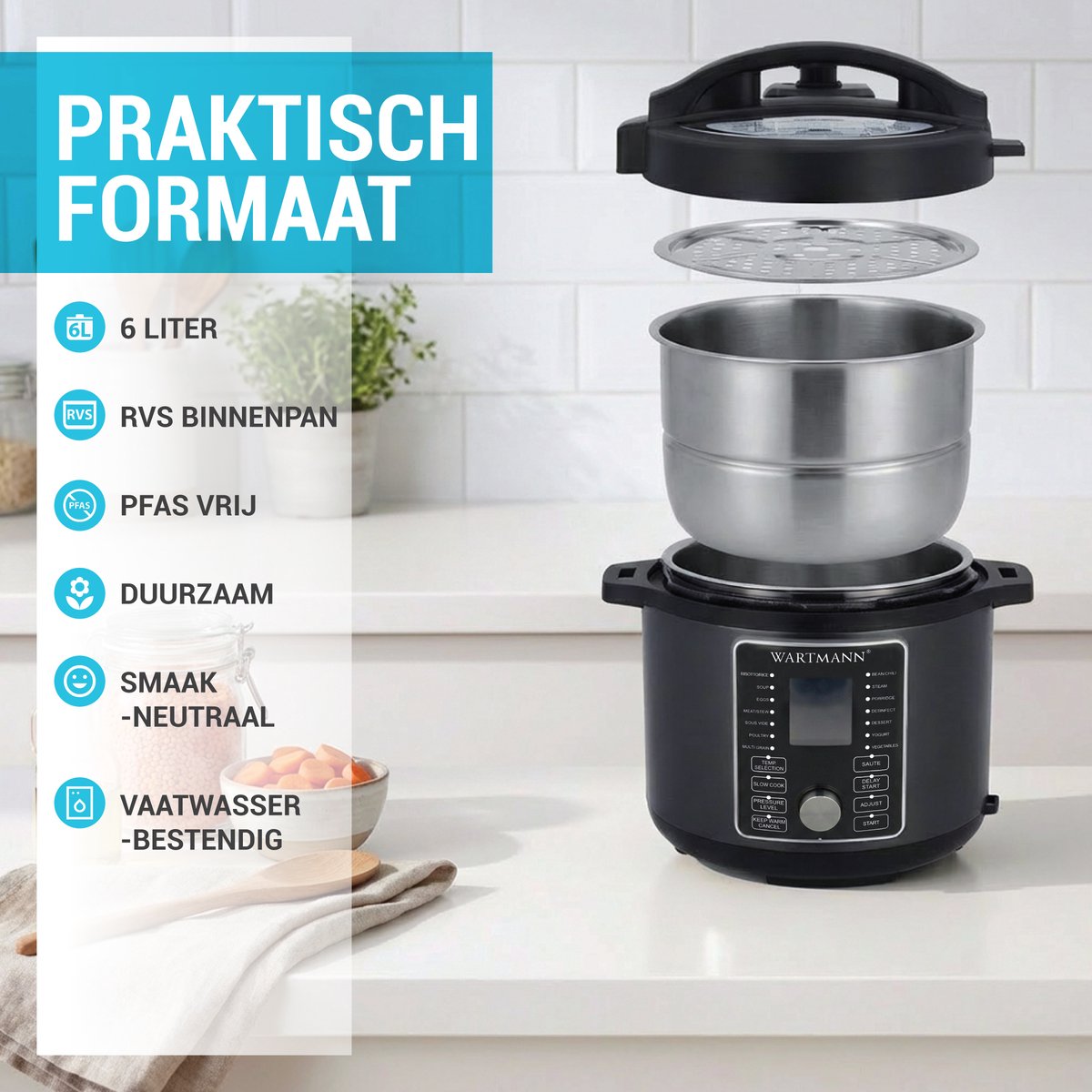 Wartmann Multicooker - SlowWartmann Multicooker - Slowcooker - Rijst Koker - Snelkookpan - Sous Vide - BPA en PFAS Vrij - 6 liter - RVS Binnenpan - Duurzaam - Energiezuinig - Vaatwasserbestendig - 16 in 1 - Veilig – foto 4