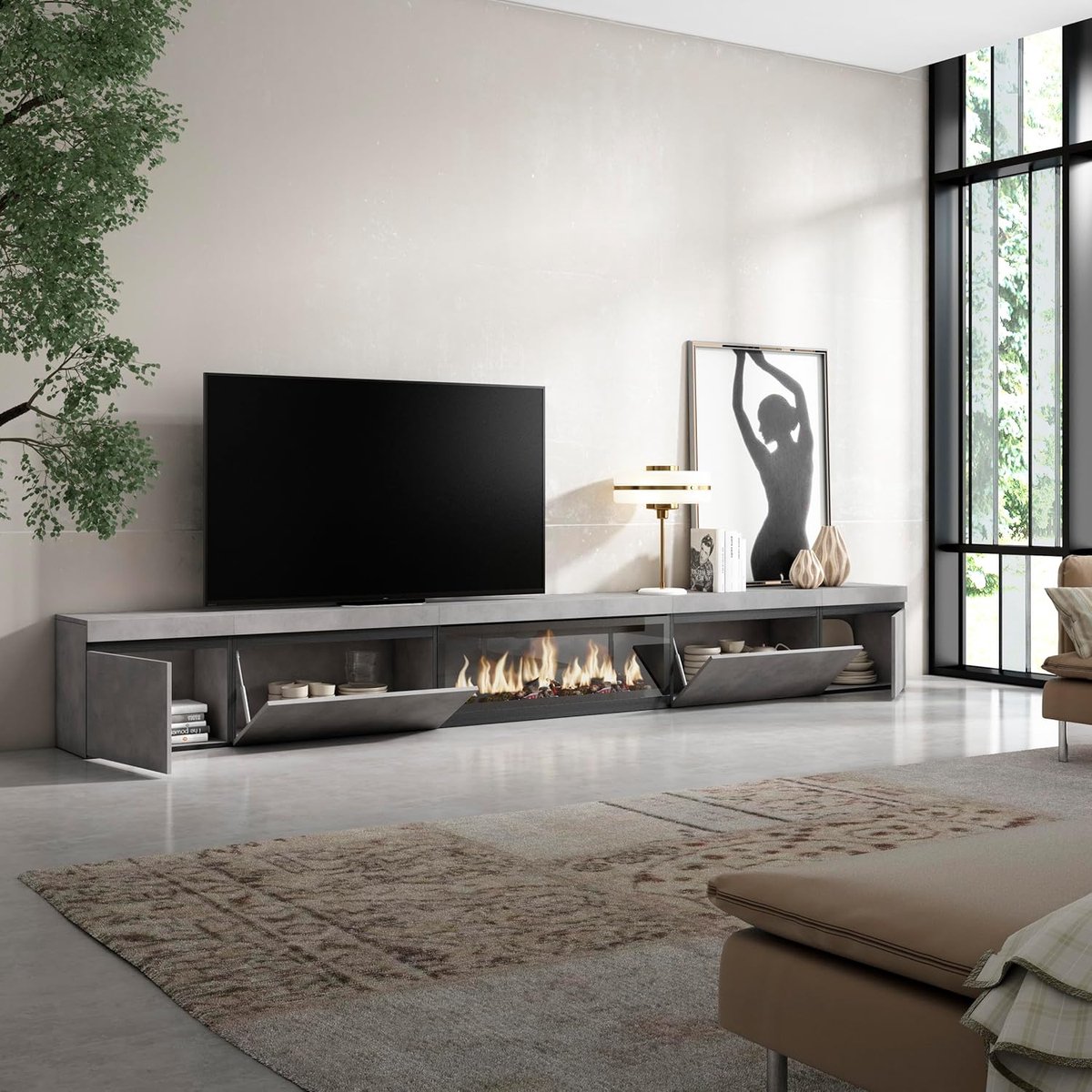 TV Lowboard met XXL Elektrische Open Haard – 368x45x35 cm – Moderne Cementkleur, Grote Opslagruimte, LED 3D Vuureffect – Woonkamer & Eetkamer Meubel – Abkantoor