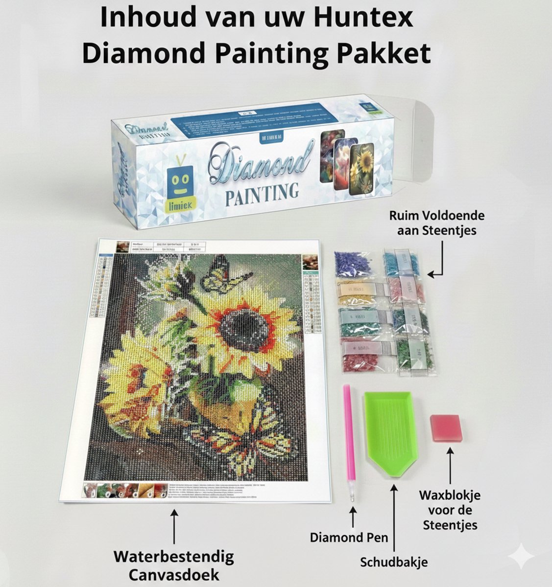 Huntex Diamond Painting Volwassenen - Diamond Painting Kinderen - Diamond Painting Pakket Volledig - Zonnebloemen met Vlinders - 30x40 cm — afbeelding 6