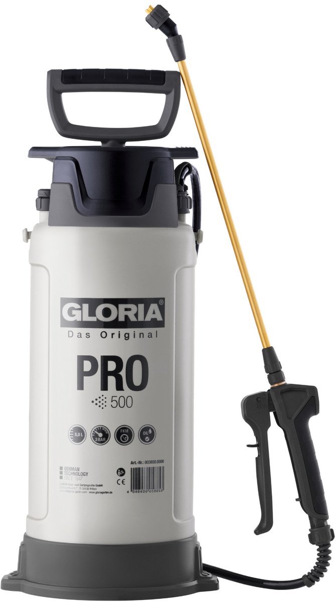 GLORIA Drukspuit PRO 500 | Voor het aanbrengen van spuitbare, in water oplosbare bouwchemicaliën en oliën | 5 liter inhoud