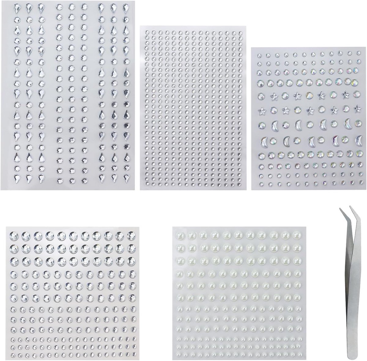 Set van 6 Edelsteen Pincetten met Zelfklevende Kristallen voor Gezicht en Ogen