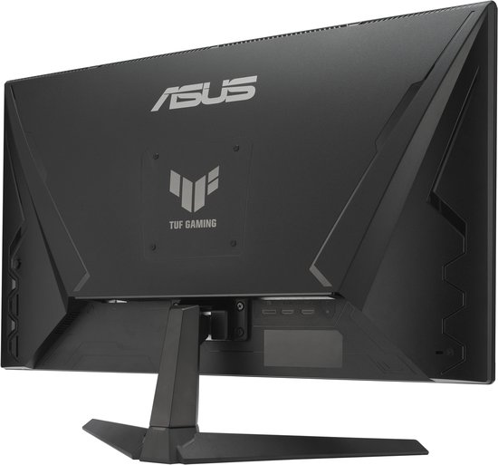 Zijaanzicht van ASUS TUF Gaming monitor met poorten aan de achterkant.