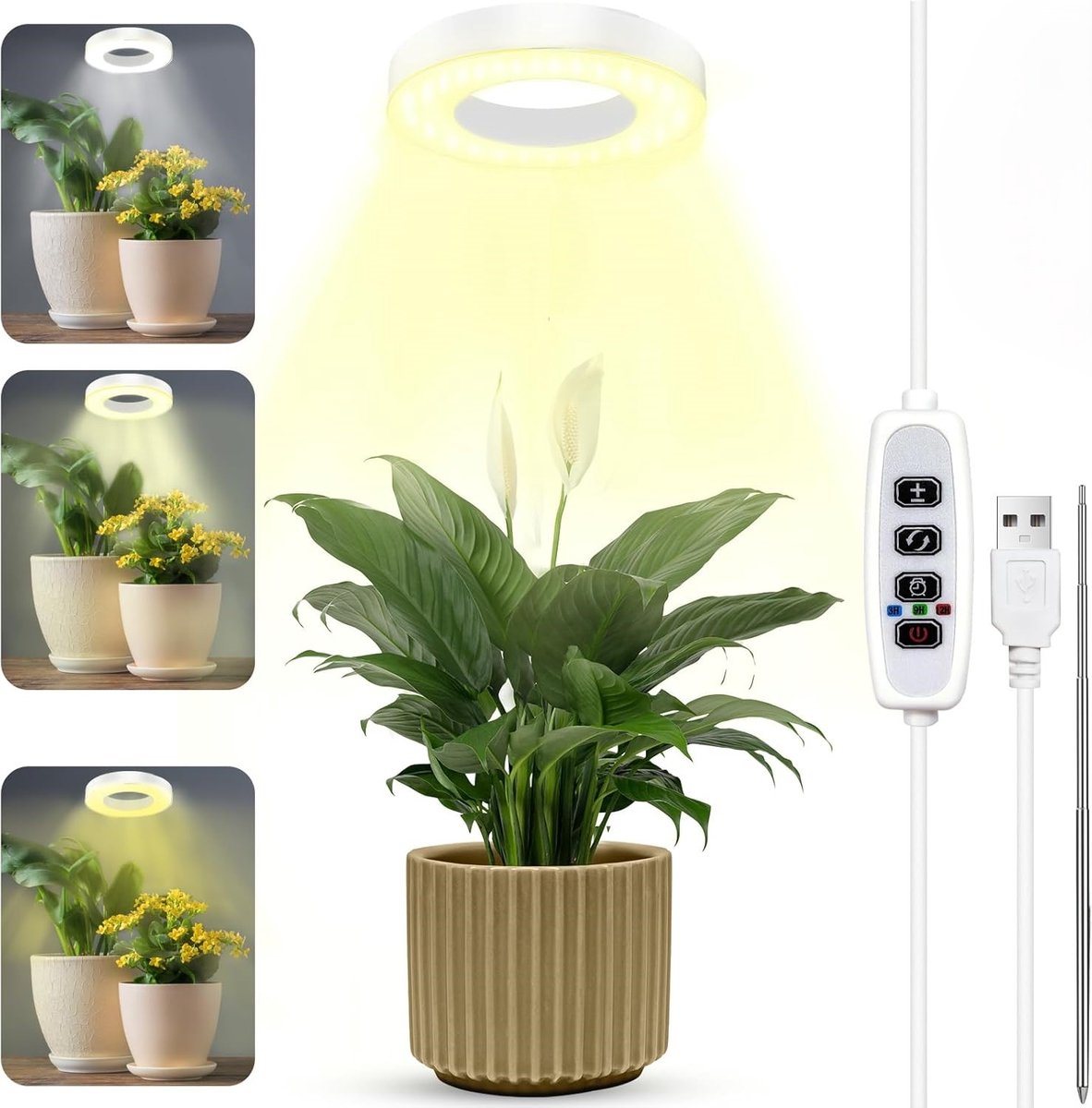 Groeilamp in pot - LED-plantenlamp - Professionele groeilamp - in hoogte verstelbaar 48 LED's plantenlicht - met timer 3/9/12 uur - USB-datakabel - voor kamerplanten - wit