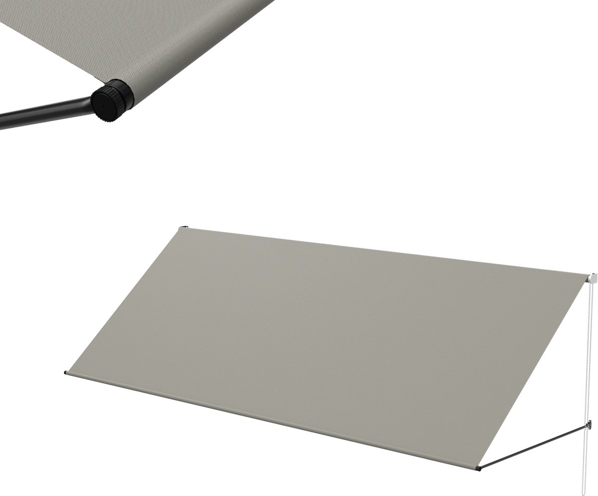 Aufun Inklapbare Fallarm Markise 350x145cm Grijs - Met Kabel & Aluminium Ondersteuningsstang Voor Terras, Balkon & Tuin