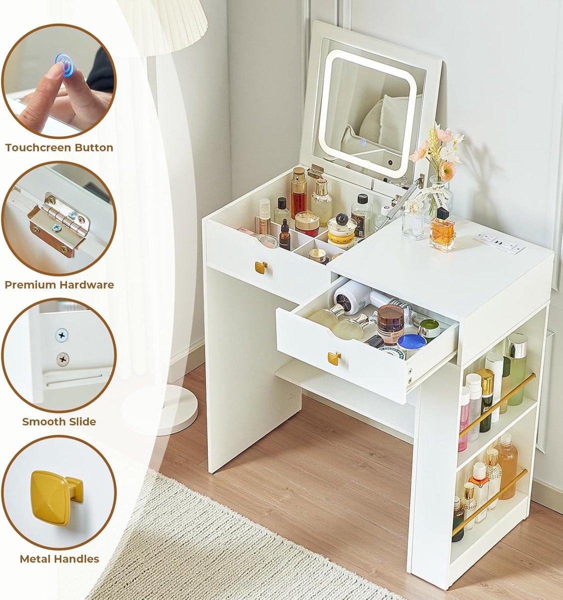 Make-up Schminktisch mit Klappspiegel 3 Lichtfarben & Helligkeit, Kompakter Kosmetiktisch mit Organizer, Ablagefach & LED Spiegel, 39,9 x 80 x 121,9 cm – Pauwhome