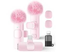 Draadloze Microfoon - 2 Stuks - Microfoon Draadloos - Dasspeld Microfoon Draadloos - Microfoon Bluetooth - Lavalier Microfoon - Geschikt Voor Alle Telefoons - Lavalier - Microfoons - Plug & Play - Roze