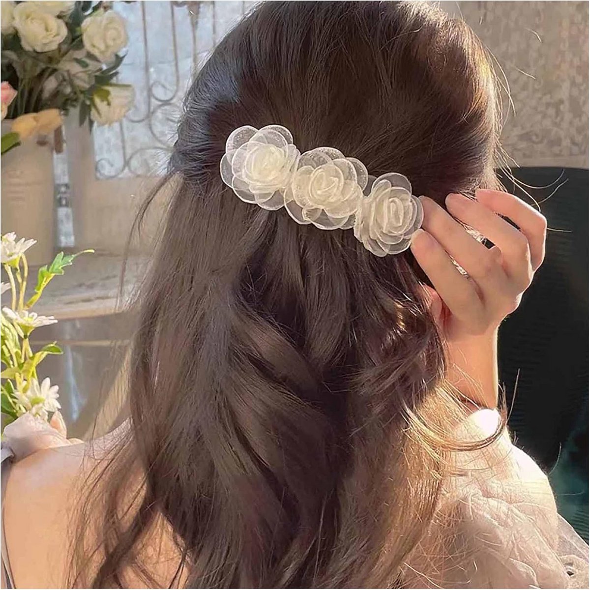 Elegante Haarspeld met Roos en Kant voor Bruiloft en Feestelijke Gelegenheden