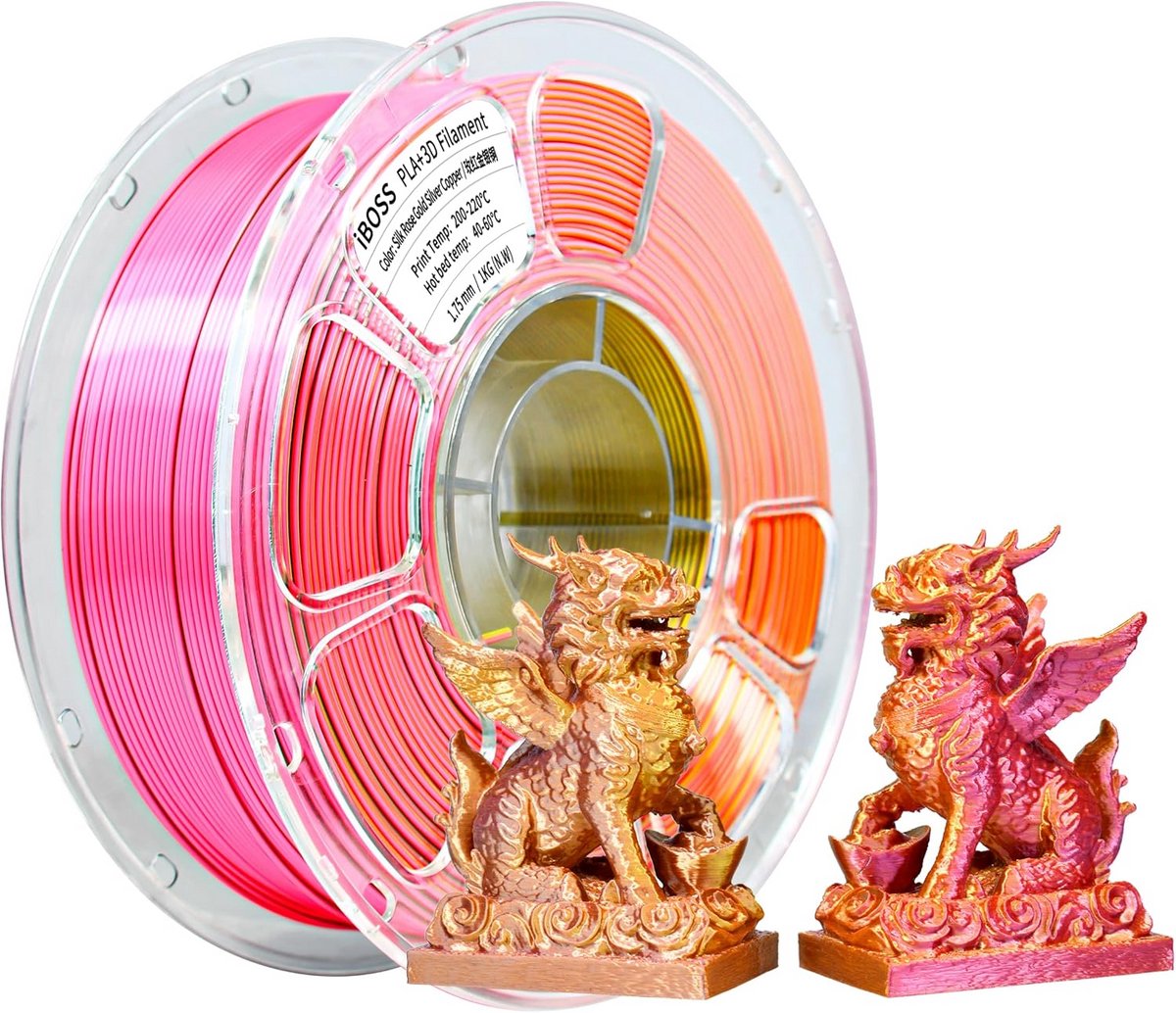 PLA+ Zijdeglans 3D Printer Filament in Vier Kleuren: Roze, Goud, Zilver en Koper