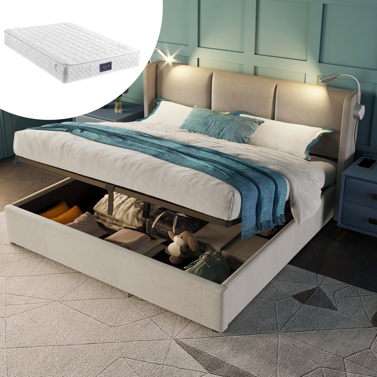 REDOM Opbergbed 140x200 cm van linnen – Met hydraulisch liftsysteem, leeslamp en USB – Bei