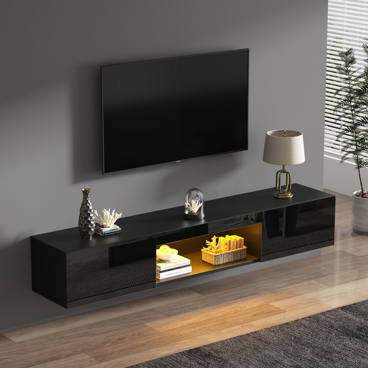 PHOEBE CAT TV-meubel - Wandmontage - Hoogglans - LED-verlichting - Geschikt voor 70-inch tv's - Zwart