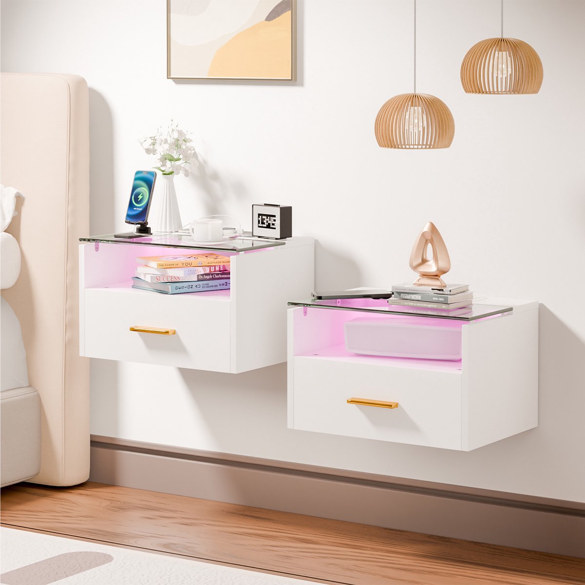 Nachtkastjeset (2 stuks) - Wit nachtkastje - Ontwerp met drie niveaus - Houten nachtkastje - 1 lade - Blad van gehard glas - 2 stopcontacten/2 USB-oplaadpoorten - Europese stekker