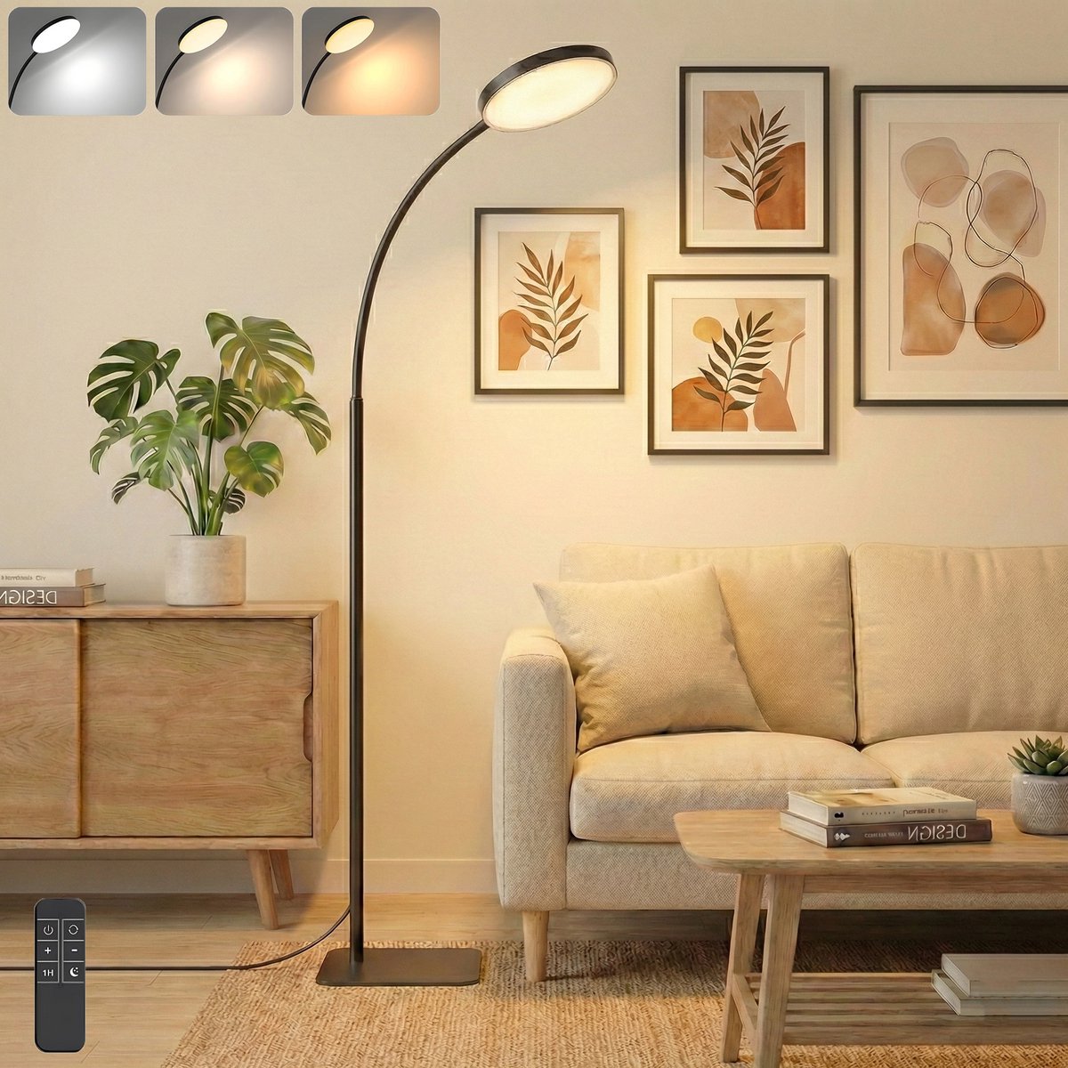 MUPOO LED Vloerlamp Dimbaar met hoogte verstelbaar- Afstandsbediening-Staande leeslamp Zwart met Flexibele Arm -3 Kleuren & Timer -Wimper lamp voor Schoonheidssalon Studeerkamer Woonkamer(USB)