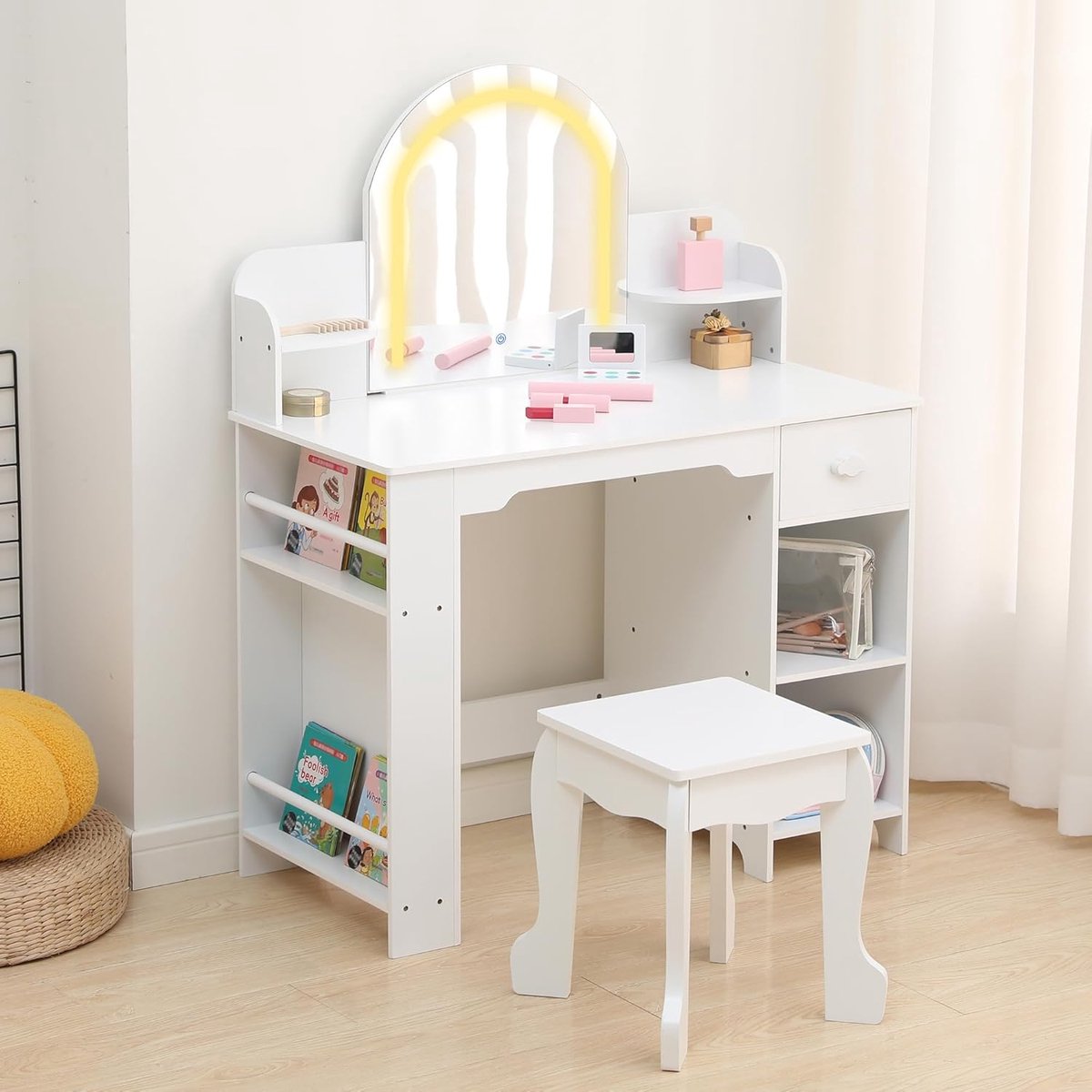 Kinder Kaptafel met Verlichte Spiegel - 2‑in‑1 Kaptafel & Krukje voor Meisjes 3‑9 Jaar, met Boekenkast, Lade & Open Planken, Wit