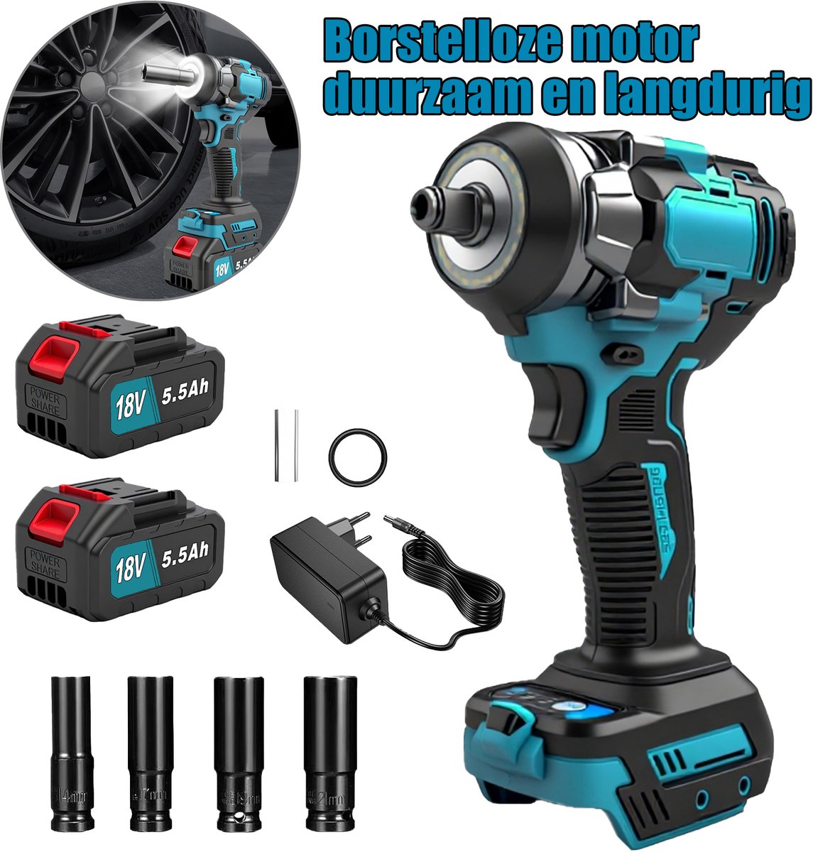 18V Borstelloze Lithium-Ion Klopboormachine - 5,5Ah Accu's, Lader, 4 Steekdozen, 500Nm Koppel (Inclusief 2 accu's en lader),Met verlichte rand