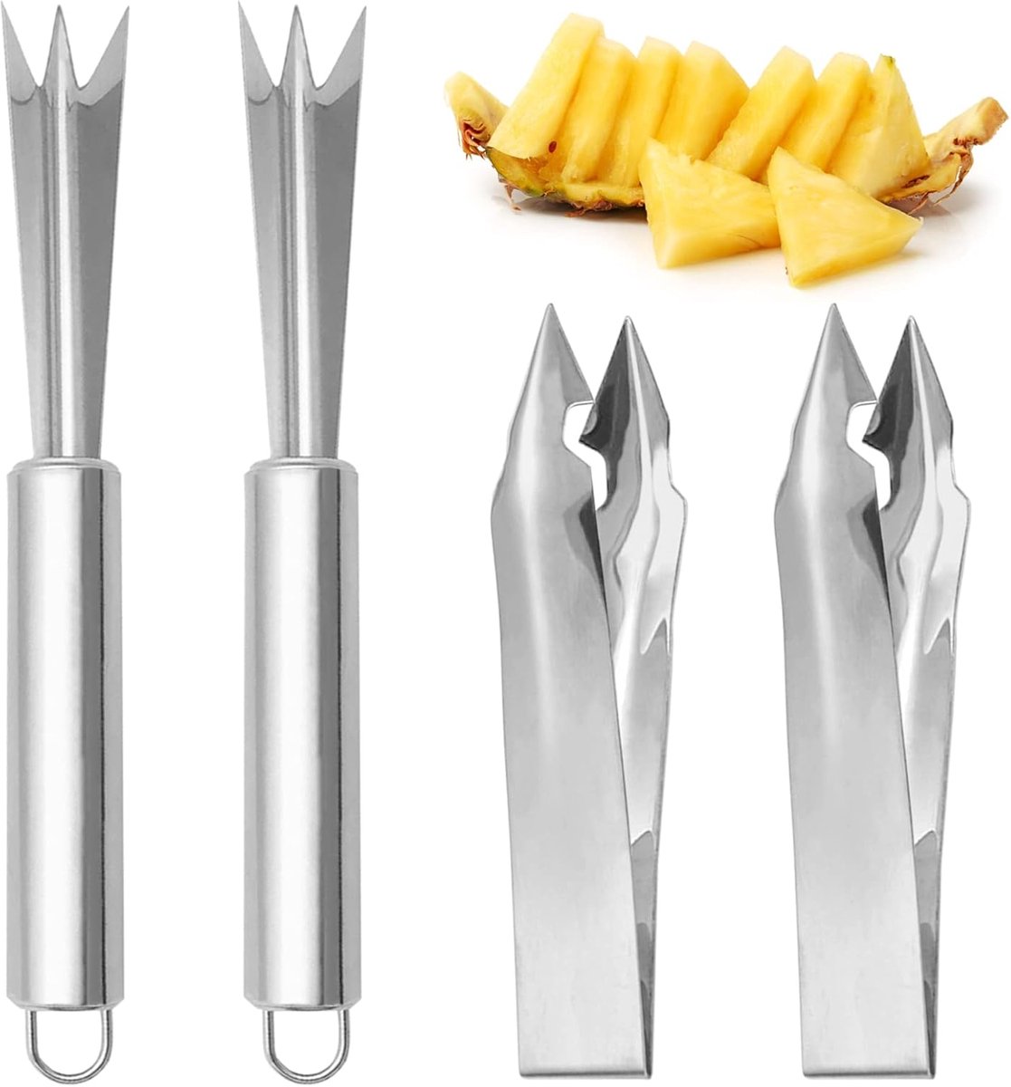 Daity 4-delige set voor het verwijderen van de ogen van een ananas, inclusief roestvrijstalen klemmen en een V-vormige snijder. Geschikt voor thuiskeukens, fruitwinkels en supermarkten. Zilverkleurig, 12 cm en 20 cm (zilver).