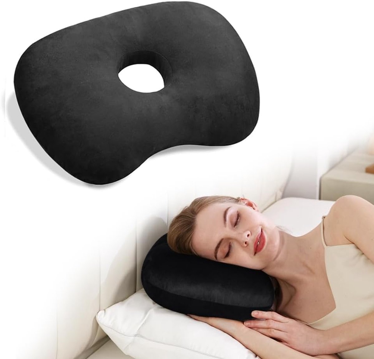 OIMG Piercing Kussen - Orthopedisch Oorkussen voor Zijslapers - Gatdiameter 8,9 cm - Donut Kussen met Gat voor Piercing Verzorging - Verlicht Oorpijn bij Ontsteking - 43.9cmx32cm - Ringkussen - Piercingkussen - Hoofd Kussen - zwart