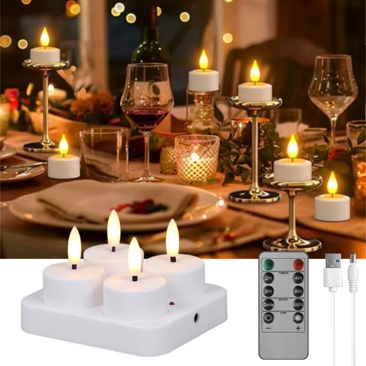 4 oplaadbare theelichtjes met laadstation - elektrische oplaadbare kaarsen USB - led-theelichtjes - oplaadbaar - outdoor - voor buiten - tuin - tafel - kamer - Halloween Kerstmis(Geen afstandsbediening)