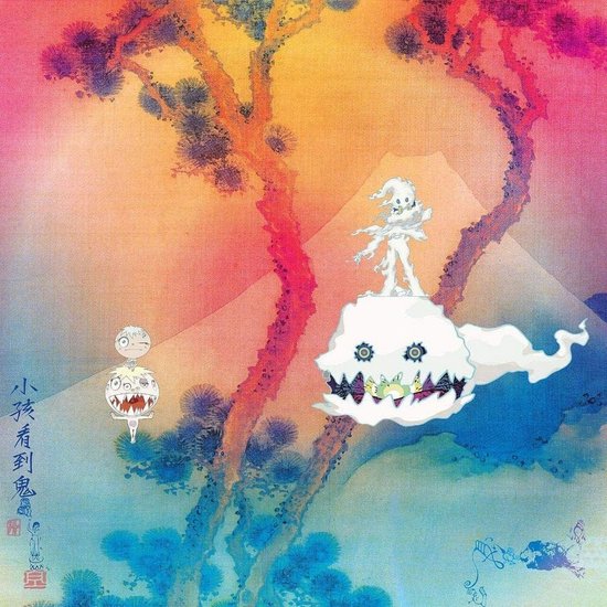Een albumhoes met Japanse kunststijl, berg op achtergrond, gekleurde bomen en twee kinderlijke figuren op een wolk.