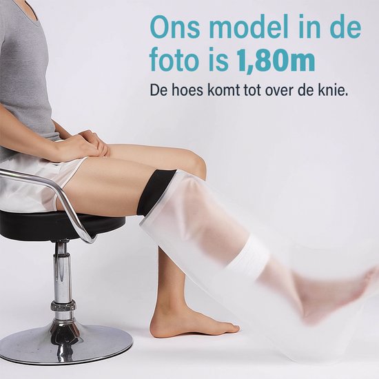 Model van 1.80m draagt een 75cm lange, doorzichtige beenhoes.