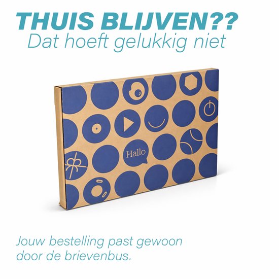 Bruine kartonnen verzenddoos met blauwe cirkels en iconen. Tekst "Hallo" in een spraakballon.