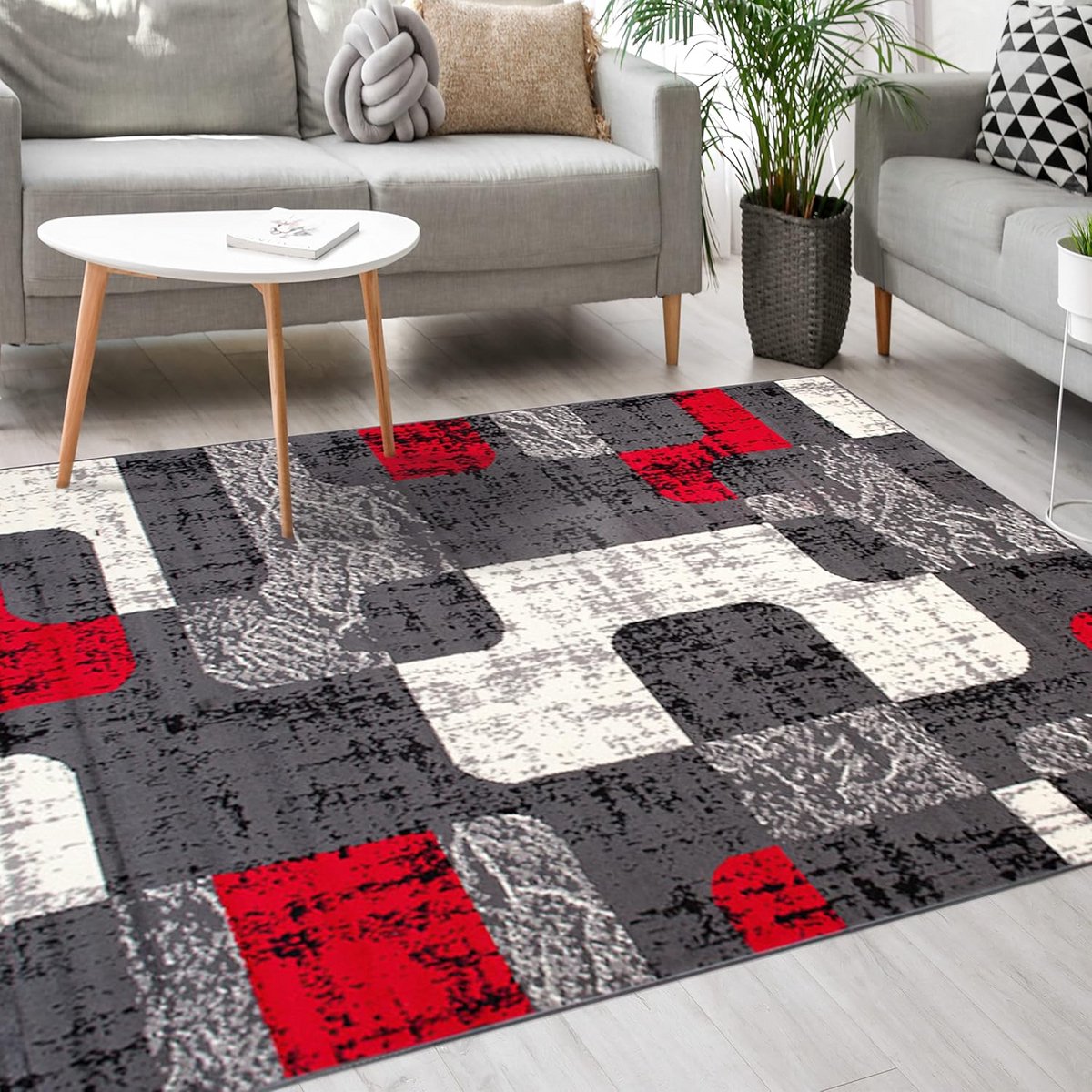Modern Vloerkleed Grijs Rood Met Patroon - Tapijt Woonkamer, Slaapkamer - Kortpolig & Gesc