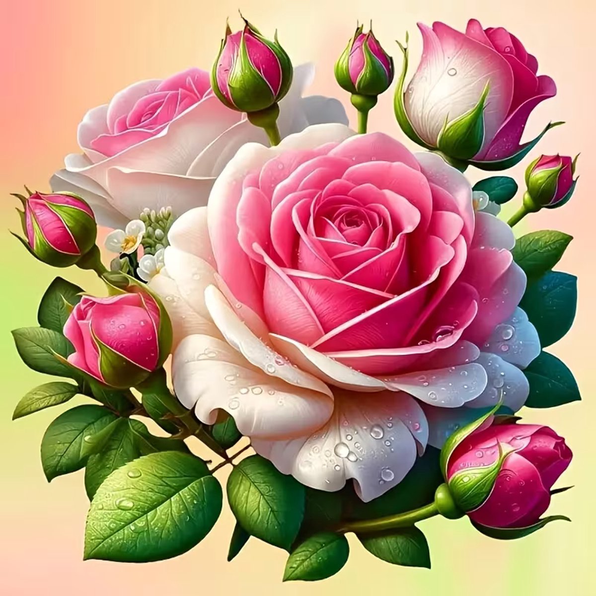 Diamond Painting Roos met knoppen heel kleur rijk om te maken 20 x 20 cm