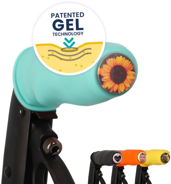 MyRollerSleeve opschuifbare ergonomische / anatomische handvatten voor rollator of rolstoel. Voorkomt pijnlijke handen met gelkussen. Personaliseerbaar: pimp rollator. Turquoise 21x6,5x9cm