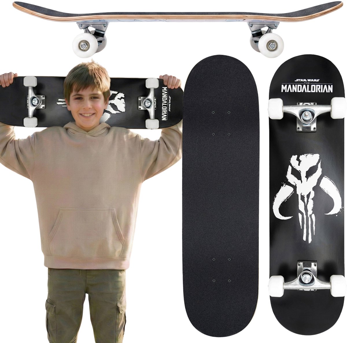 STAR WARS The Mandalorian logo Houten skateboard voor jongeren groot 79 cm antislipboard stabiel tot 80 kg Zwart