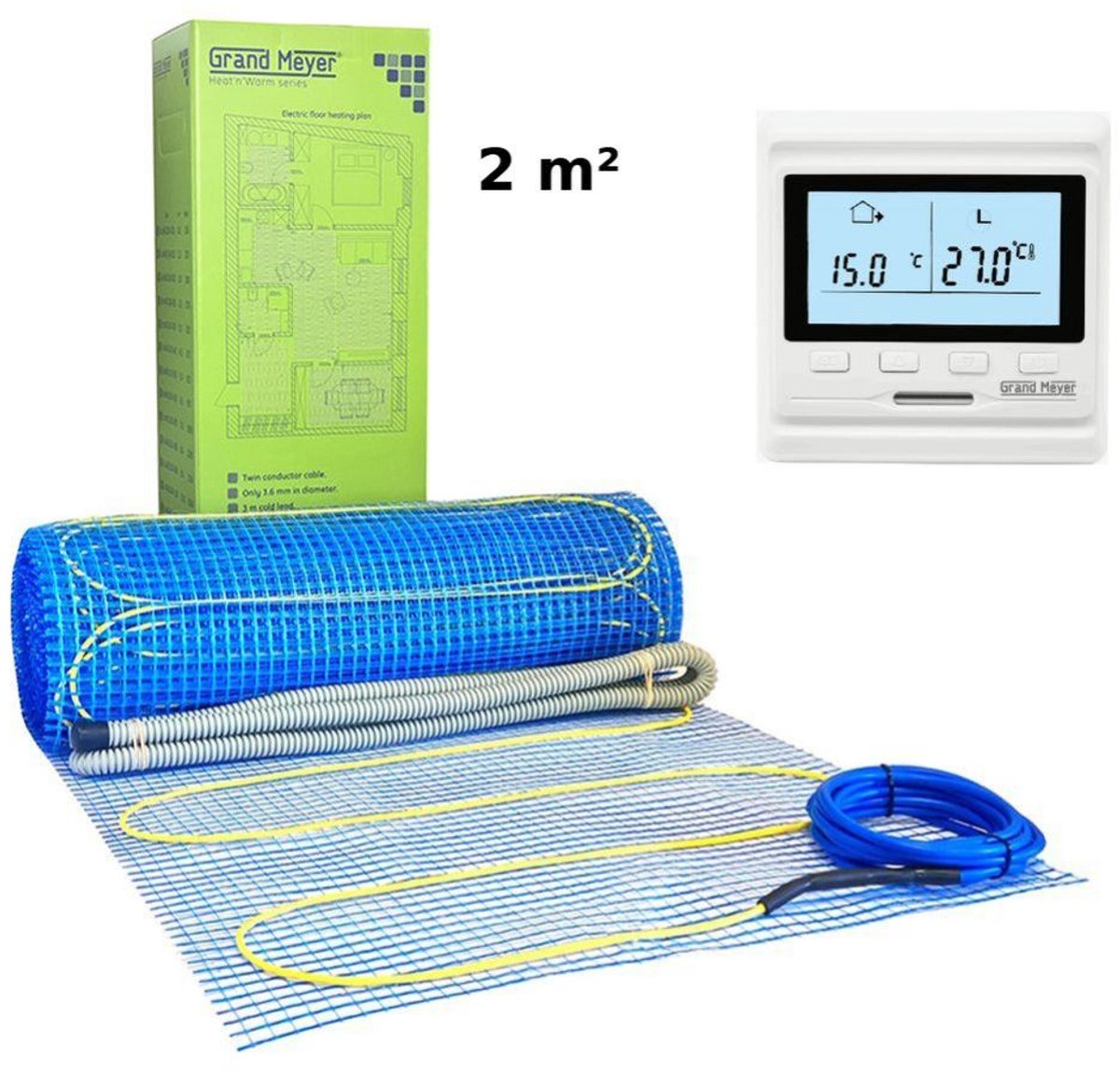 Elektrische vloerverwarmingsset 2 m², 170 W/m² + HW500 Thermostaat, Grand Meyer