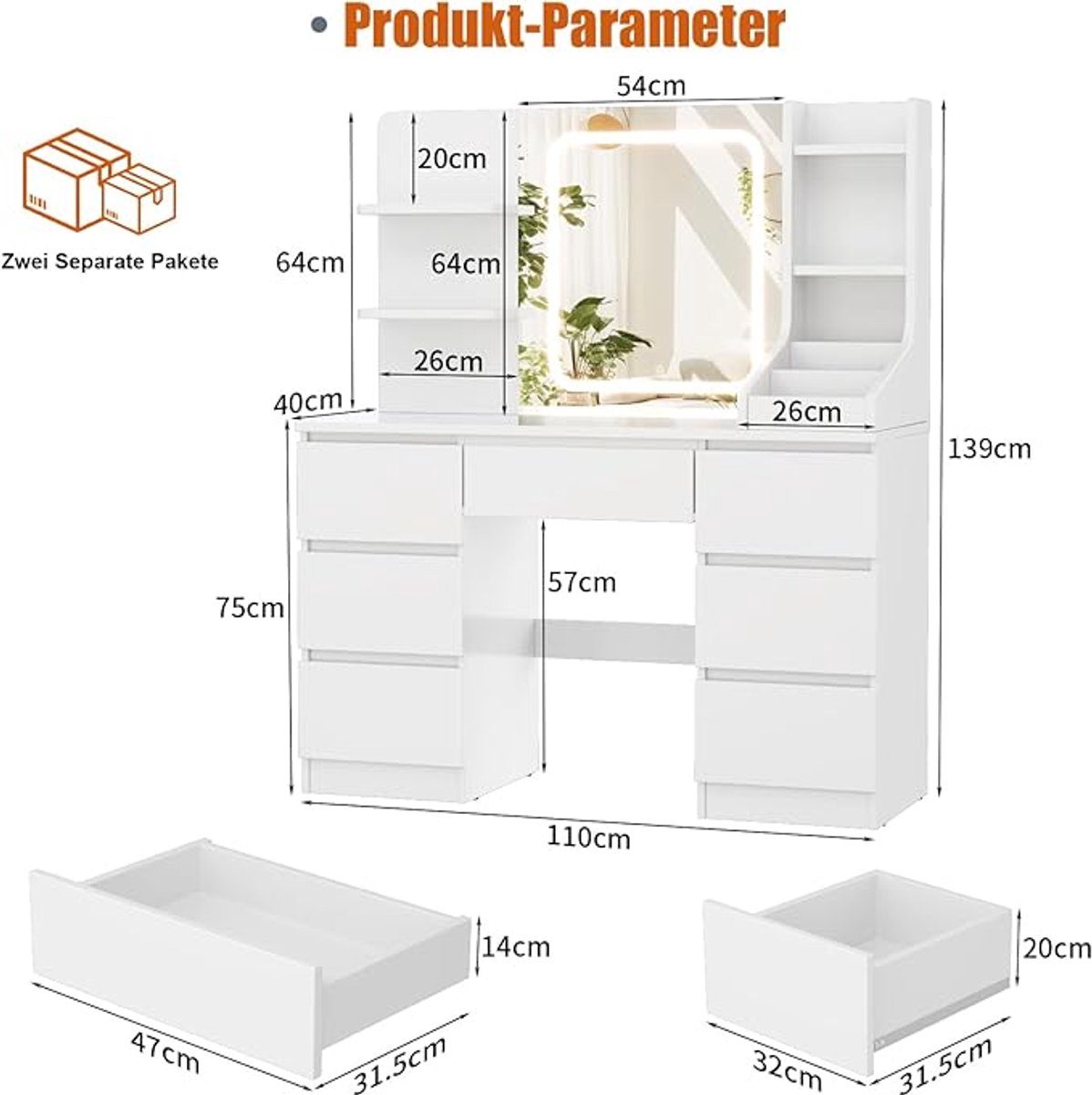 LED Make-uptafel met Spiegel en Instelbare Helderheid – 110x40x139 cm – Moderne Kaptafel met 7 Laden, 4 Planken en 3 Open Vakken voor Slaapkamer – Pauwhome