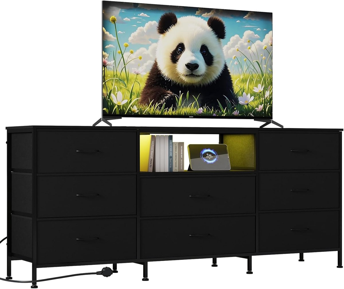Commode TV- Meubel TV met LED en 8 Lades - TV‑meubel 160 x 35 x 68 cm - met Stalen Frame & Spaanplaten - Groot Opbergvak voor Woonkamer & Slaapkamer - Zwart