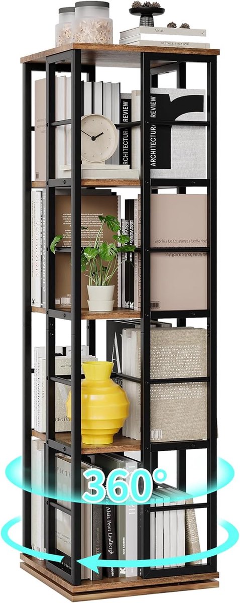 Draaiende boekenkast - 360° Roterende Staande Boekenrek - 4 etages - Industrieel Design, bruin (40 x 40 x 137 cm)