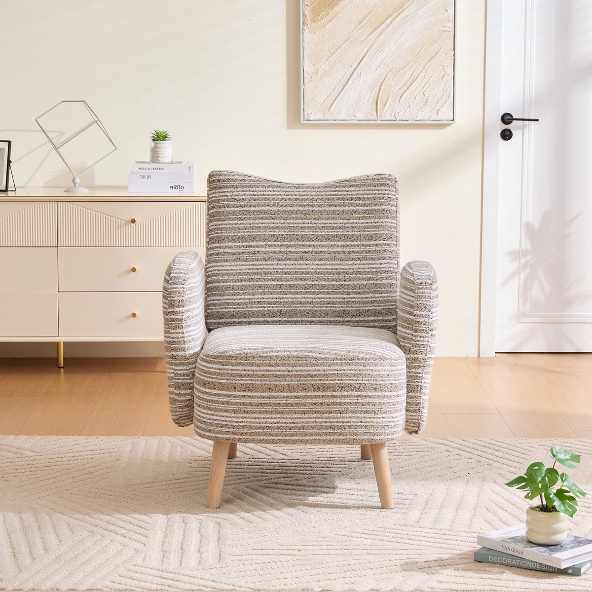 Moderne fauteuil, stof met cirkelpatroon, met zijzak, poten van massief hout, comfortabele leesstoel, woonkamer, slaapkamer, kantoor-khaki