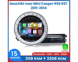 Autoradio - Geschikt Voor Mini Cooper R56 R57 2011 t/m 2014 - RAM 2GB + ROM 32GB - Carplay & Android auto - GPS Navigatie - Android15 System - 7 Inch IPS HD Touchscreen - Bluetooth & Wifi - CD DVD Player - 2011 2012 2013