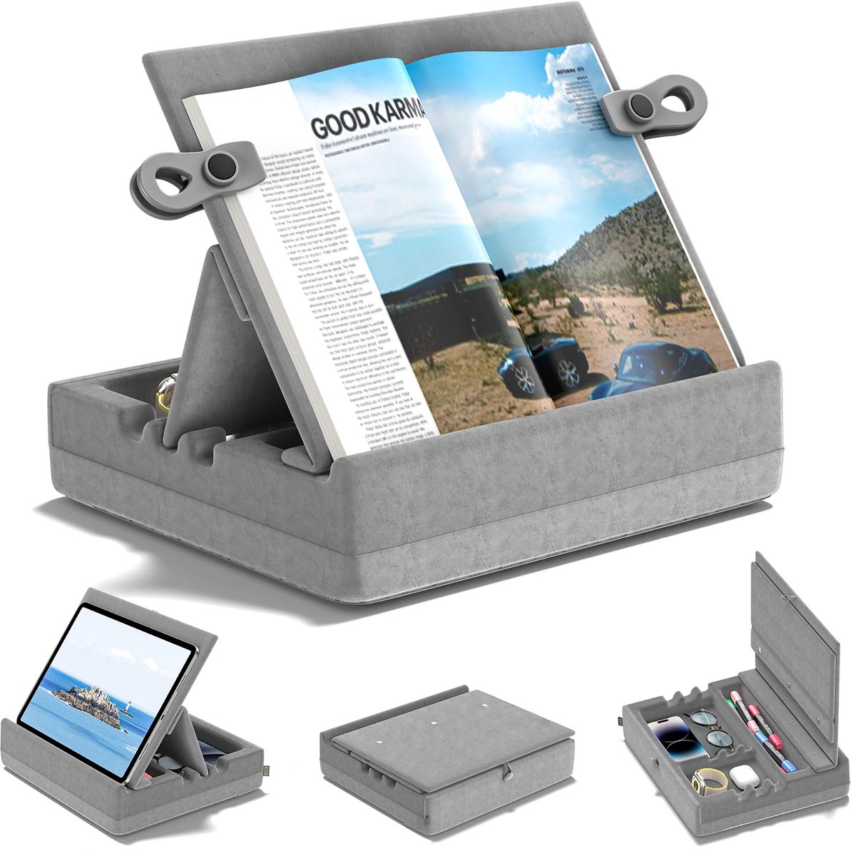 Boekenstandaard met opbergruimte - Meer hoekig lezen Tablet houder voor schoot - bed, bureau en bank