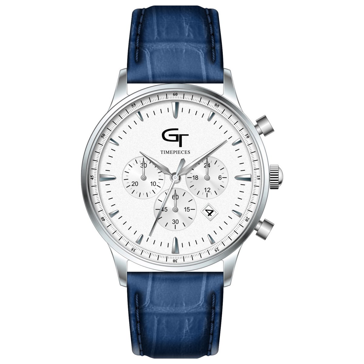 GT Collection - Heren Horloge - voor mannen - Zilver - 43 mm - Waterdicht 5ATM - 316L Staal - Saffierglas - Leren riem Blauw - Quartz uurwerk - Universele maat